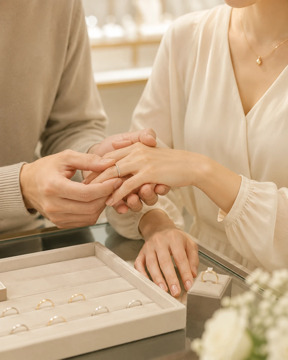 店頭で指輪を試着するイメージ